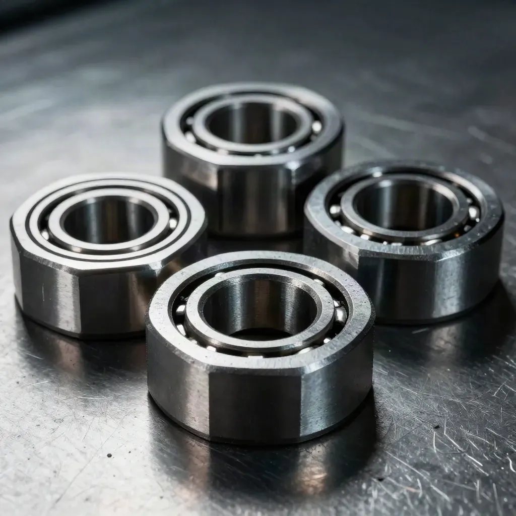 Machined bearing housings and spacers nested on a brushed steel plate with teal accent