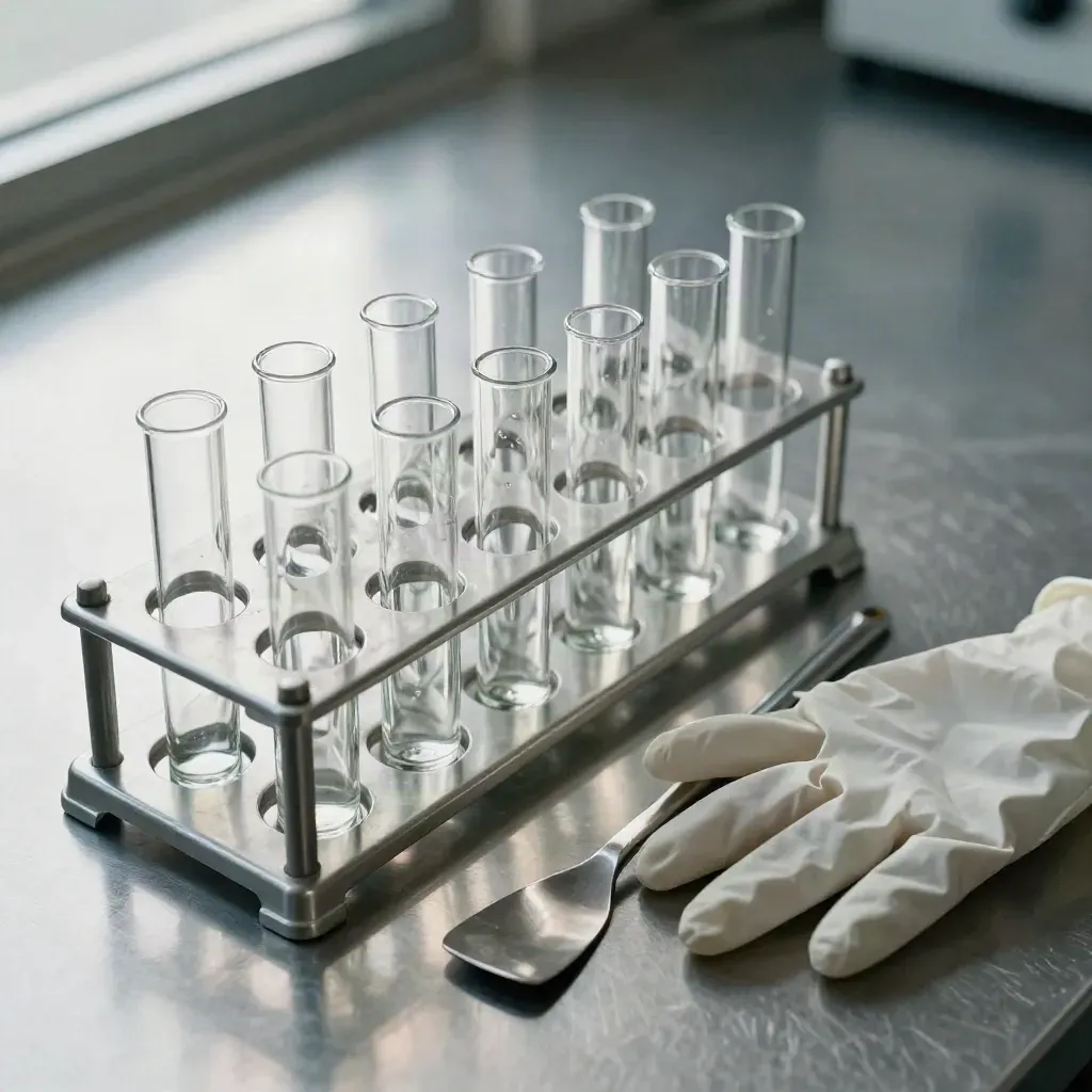 Top-down macro of lab sample vials, spatula, and nitrile glove on brushed metal