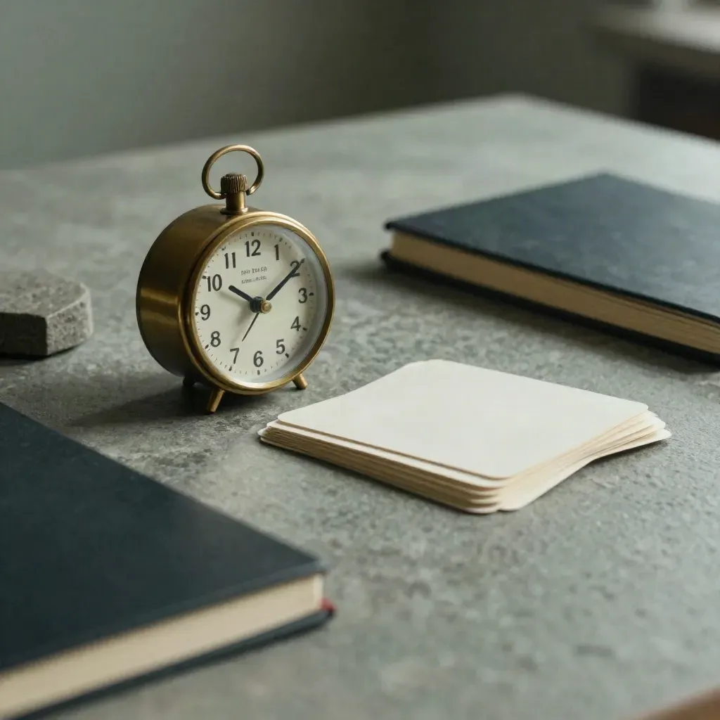Brass focus timer, fanned cards, charcoal notebook stack and stone paperweight on a misty studio surface.