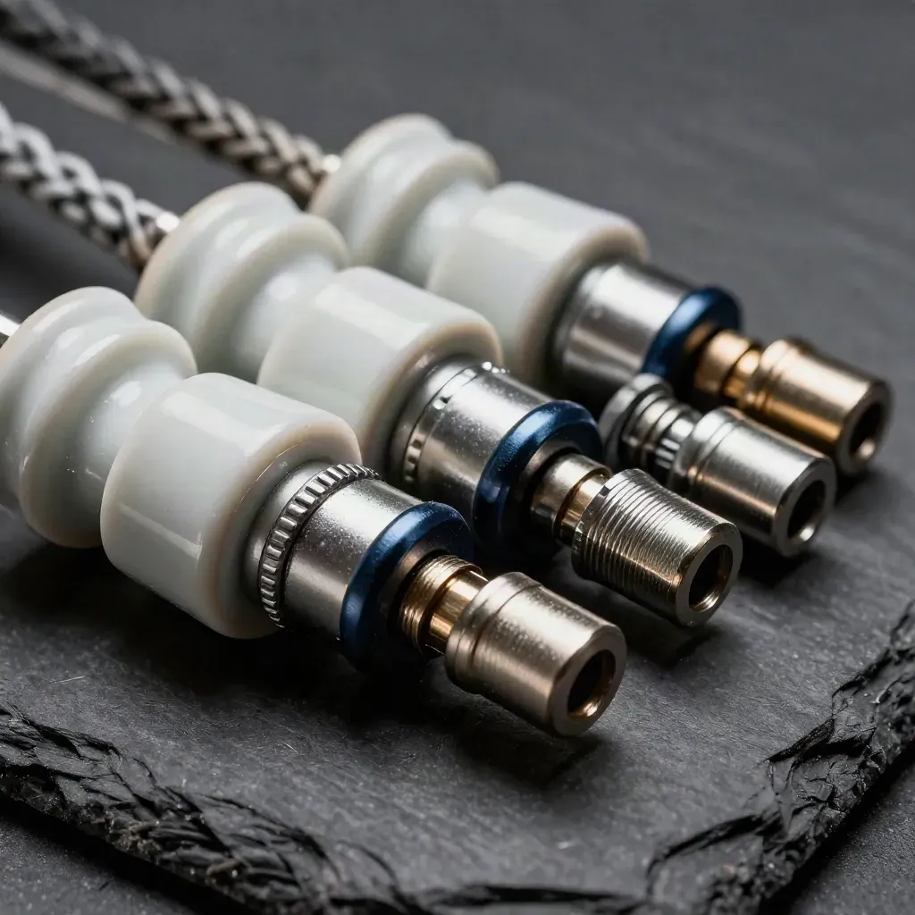 Ceramic insulators, braided ferrules, and terminal blocks on dark slate in extreme macro