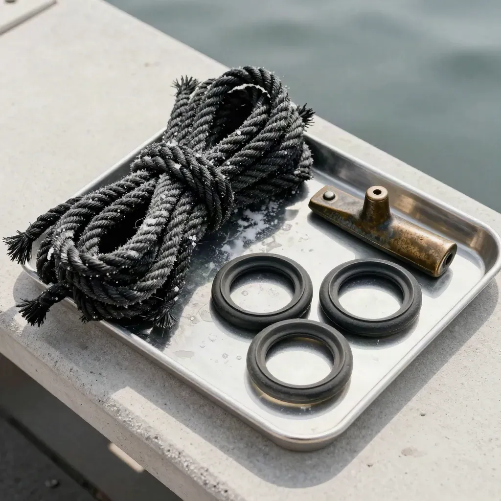 Tarred rope, bronze cleat and gasket rings arranged on a brushed metal tray in soft harbor light.