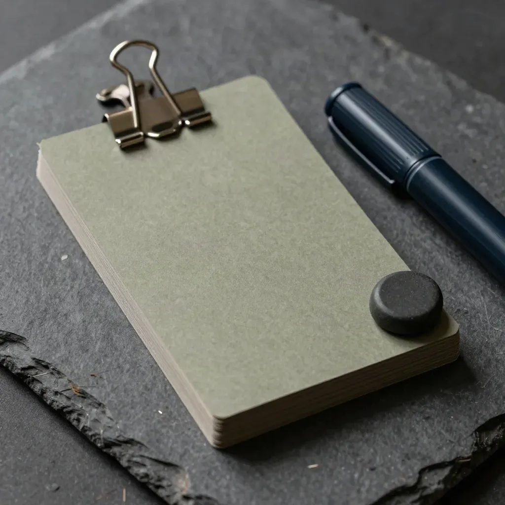 Overhead still life of clipped index cards, navy marker cap, and stone on graphite