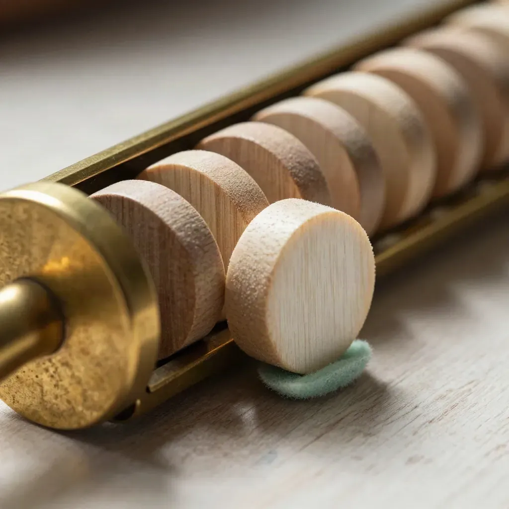 Brass tally counter beside matte wooden habit tokens on pale ash wood, lit from the side.