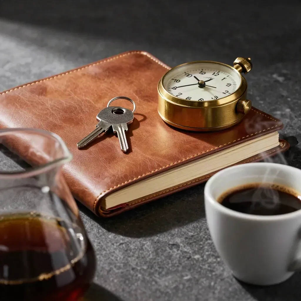 Leather notebook, brass timer, keys, and espresso cup beside steam, viewed through a blurred carafe