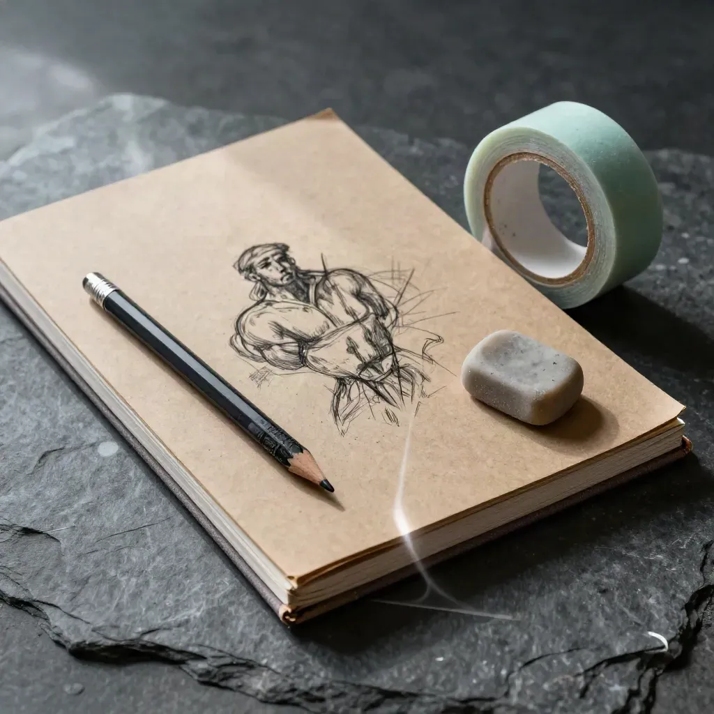 Kraft sketchbook, mechanical pencil, eraser and mint tape on slate with graphite dust.