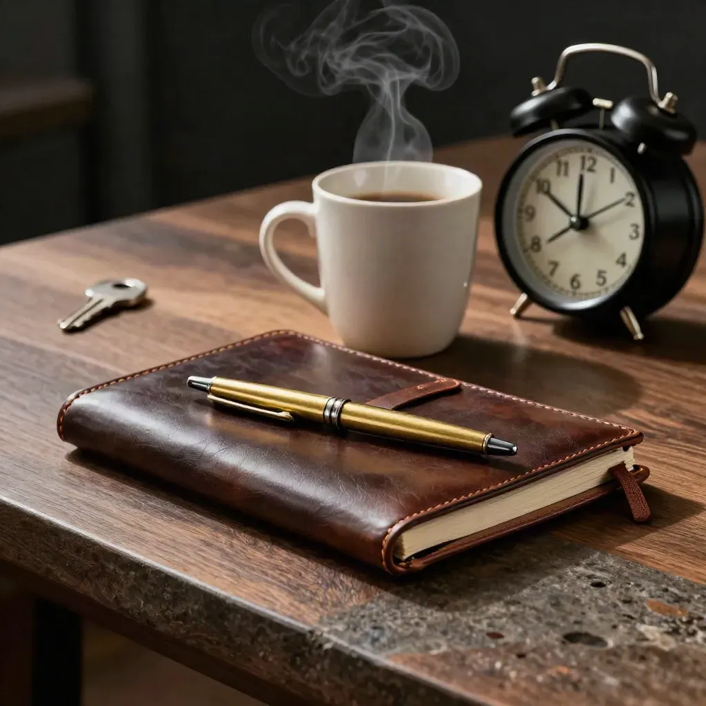 Leather notebook, brass pen, mug and analog alarm clock on walnut surface in dramatic studio light