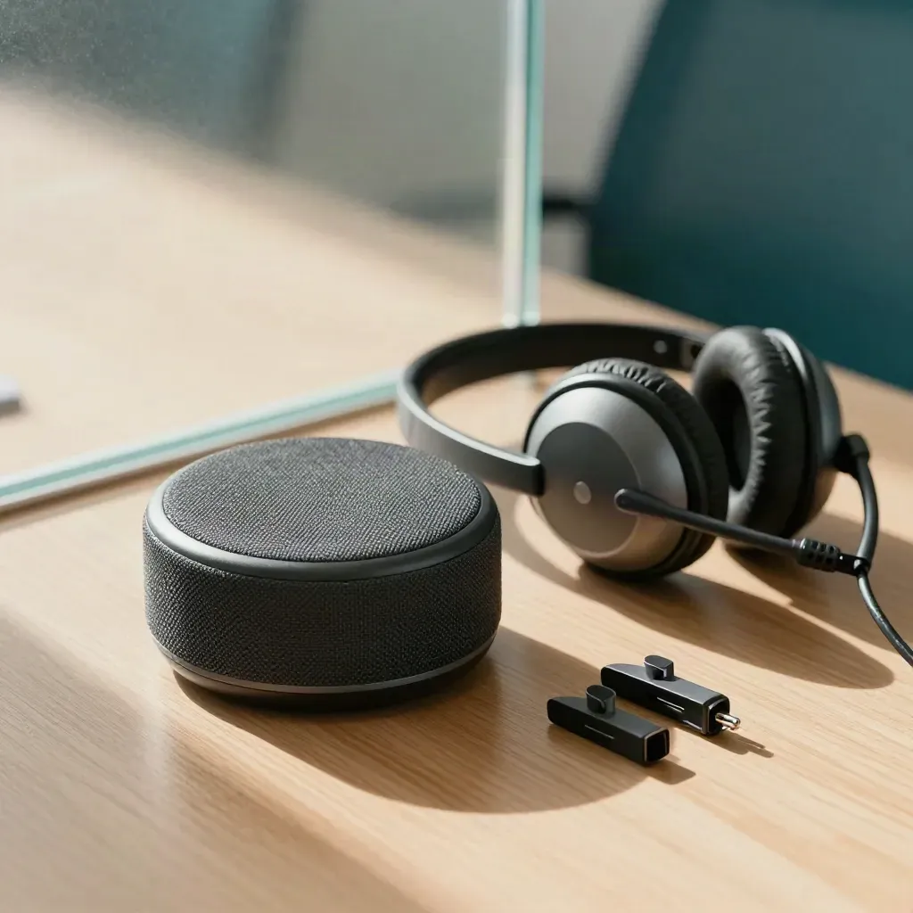 Speaker puck, headset, and cable clips on a meeting table behind blurred glass.