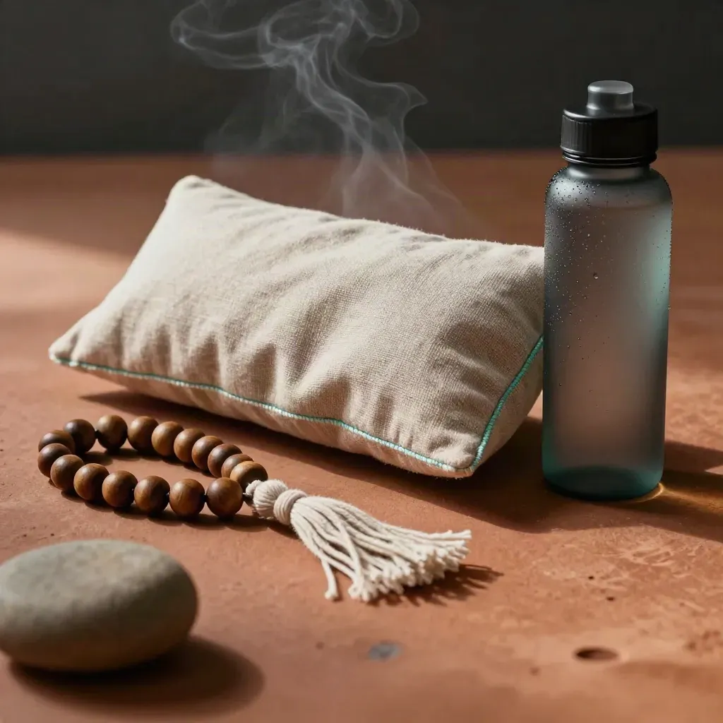 Mala beads, linen eye pillow and smoked glass water bottle in soft incense haze