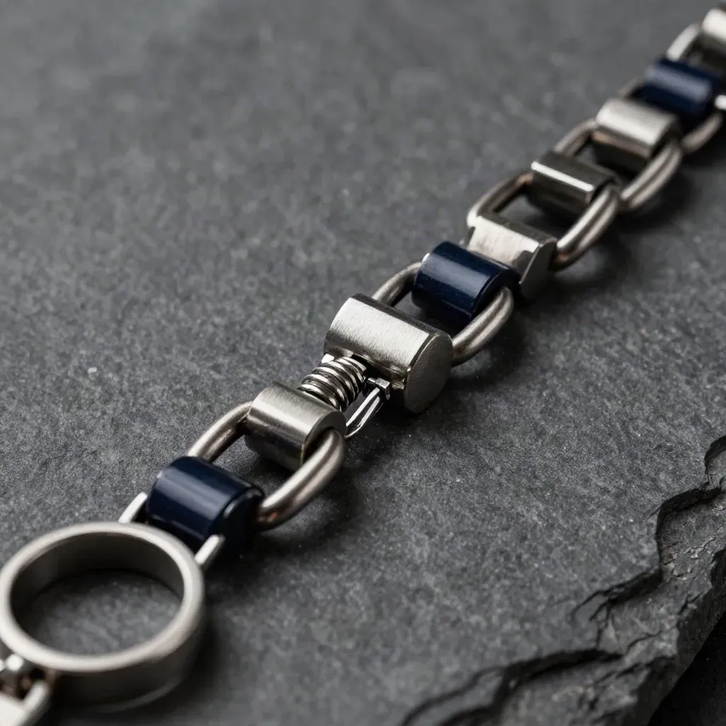 Top-down still life of linked metal rings, clip, and connector blocks on dark stone