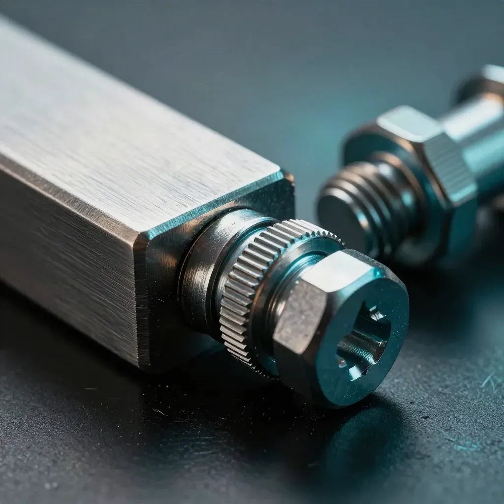 Macro of metal fasteners and a junction plate locking together on brushed steel.