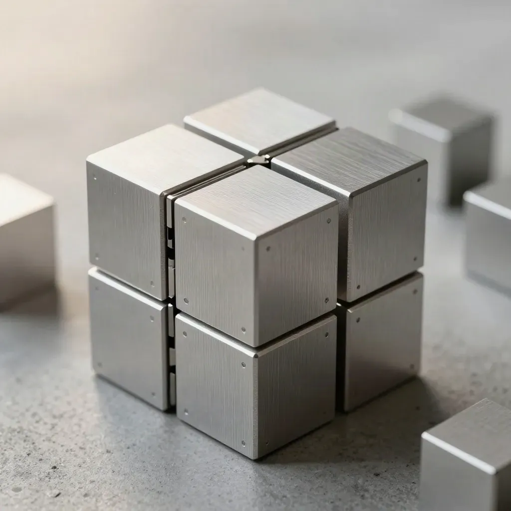 Brushed aluminum cubes, hinge, and corner bracket on concrete in soft workshop light.