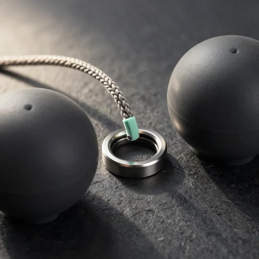 Top-down still life of speaker pucks, braided cable loop, and docking ring on graphite stone.