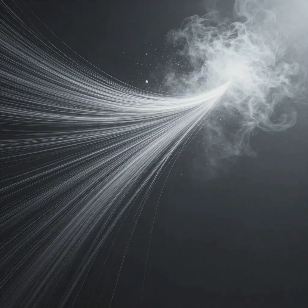 Silver filaments converge into a white bloom over graphite haze, with calm empty space for copy.