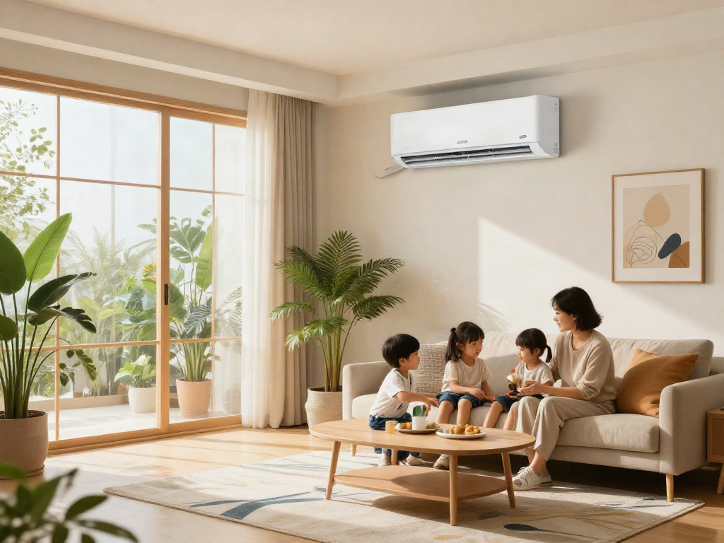 Cozy living room with a 2400 btu mini split air conditioner, family enjoying time together.