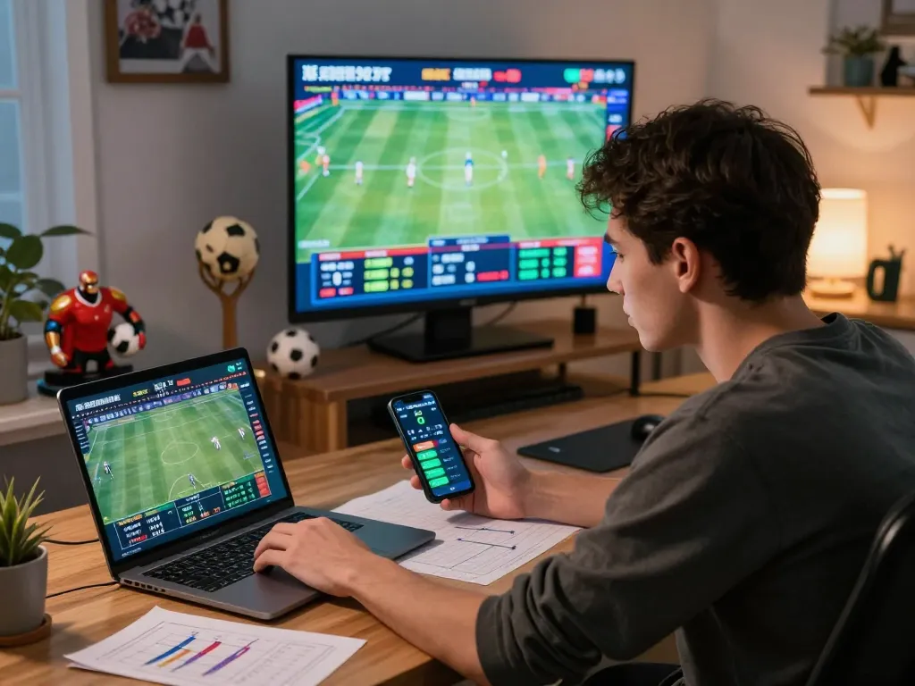 Engaged sports betting action at home showcasing nhà cái F168's live betting platform and strategic gameplay.