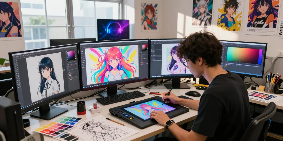 Artist creating ai ecchi digital illustrations in a vibrant studio space, showcasing creativity and inspiration.