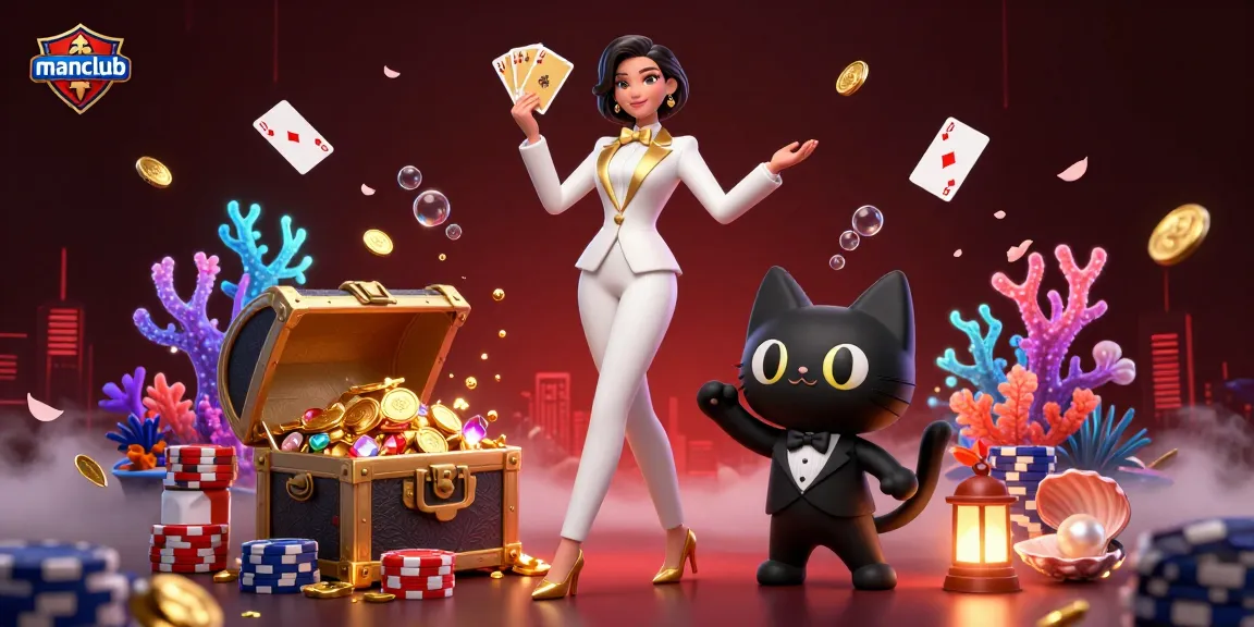 Engage with manclub's exciting gaming scene as a glamorous woman shuffles cards and a stylish cat poses beside vibrant treasures.