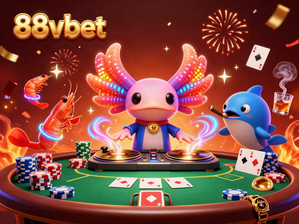 Engage with vibrant 88vbet gaming illustration featuring a neon axolotl DJ and lively casino elements.