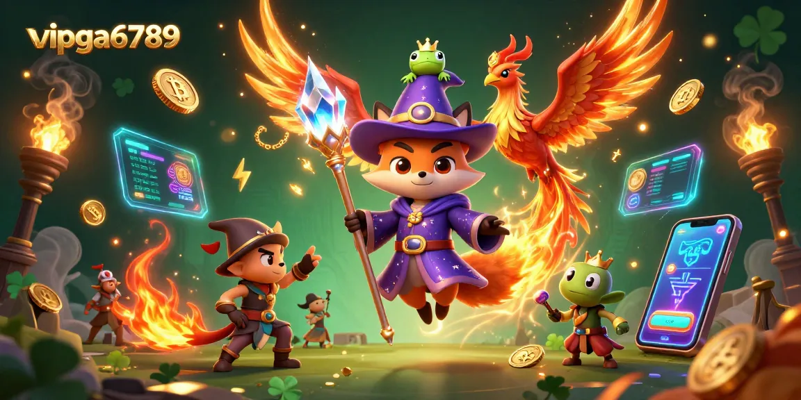 Engage with vipga6789 at the vibrant cockfighting arena, featuring a mystical wizard and phoenix allies.