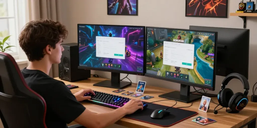 Engaged player at stylish workstation with ROKOK88 login displayed, showcasing vibrant gaming environment.
