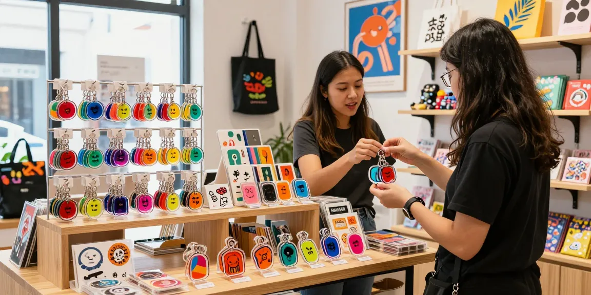 Custom acrylic keychain display in vibrant retail setting, engaging customer interaction.