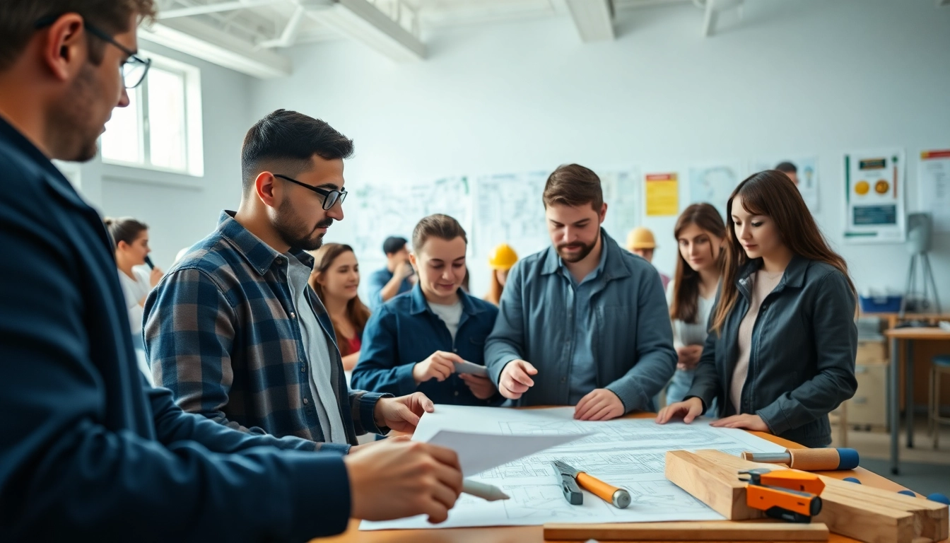 Students engaged in hands-on construction training programs under expert guidance in a vibrant classroom.