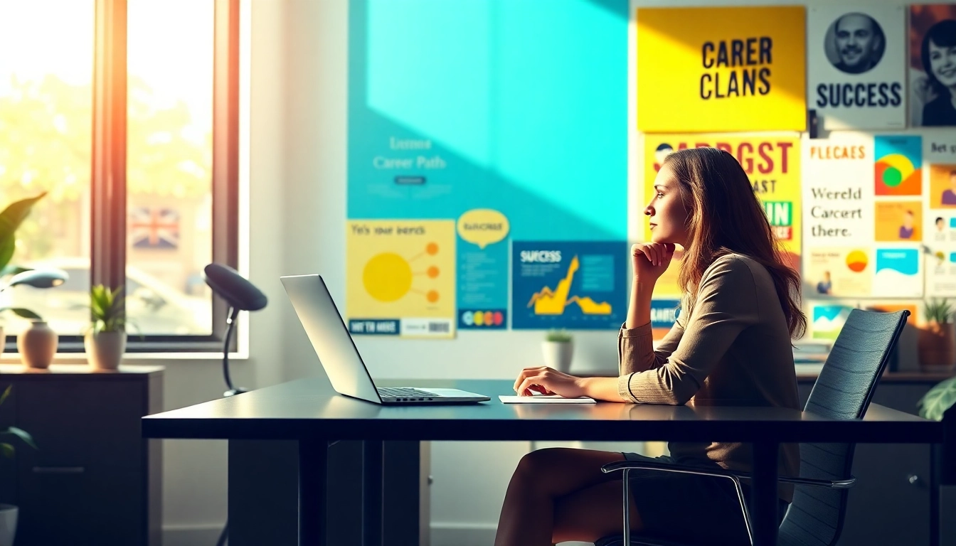 Visualization of an Ideal career journey with a woman brainstorming at her desk surrounded by motivation.