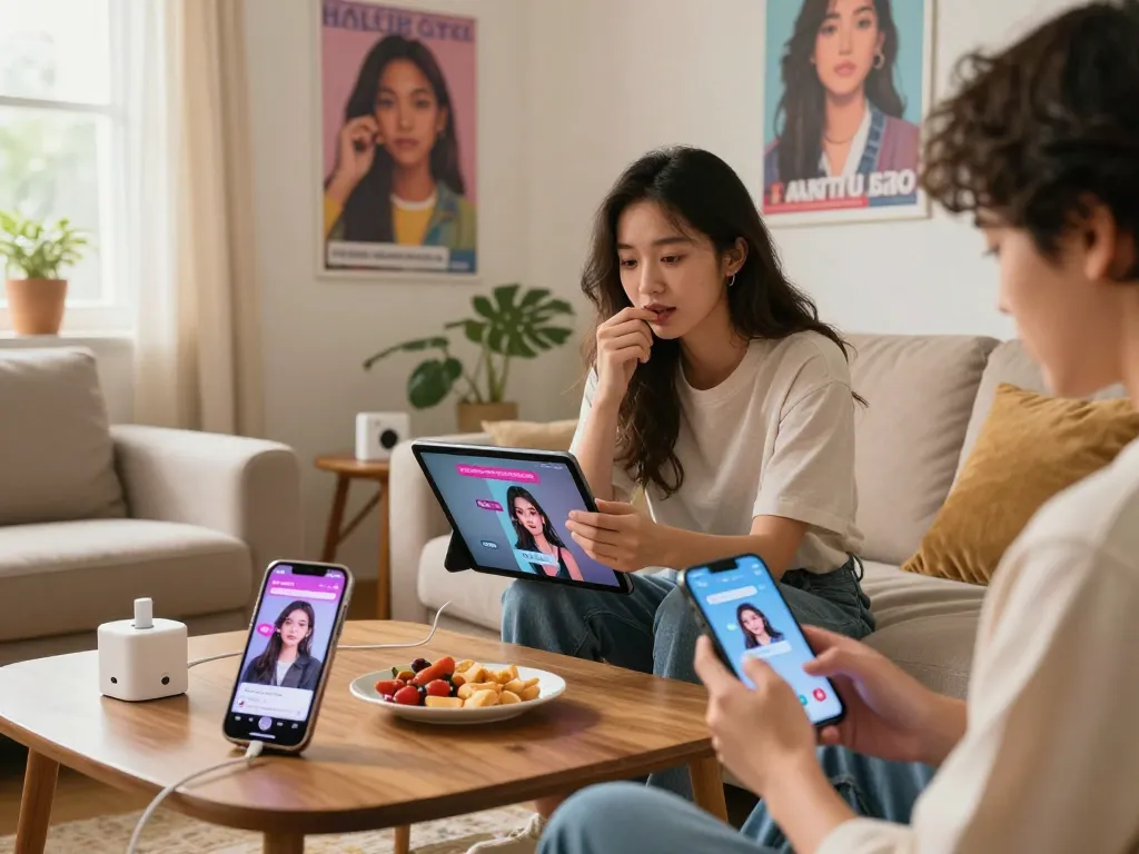 Users engaged in conversations with their AI GF devices in a cozy living room setting.