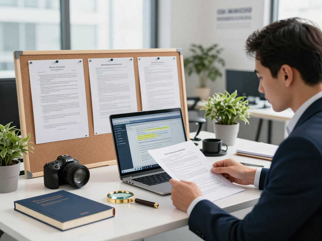 Document fraud detection analysis in a modern office setting, showcasing tools and suspicious documents.