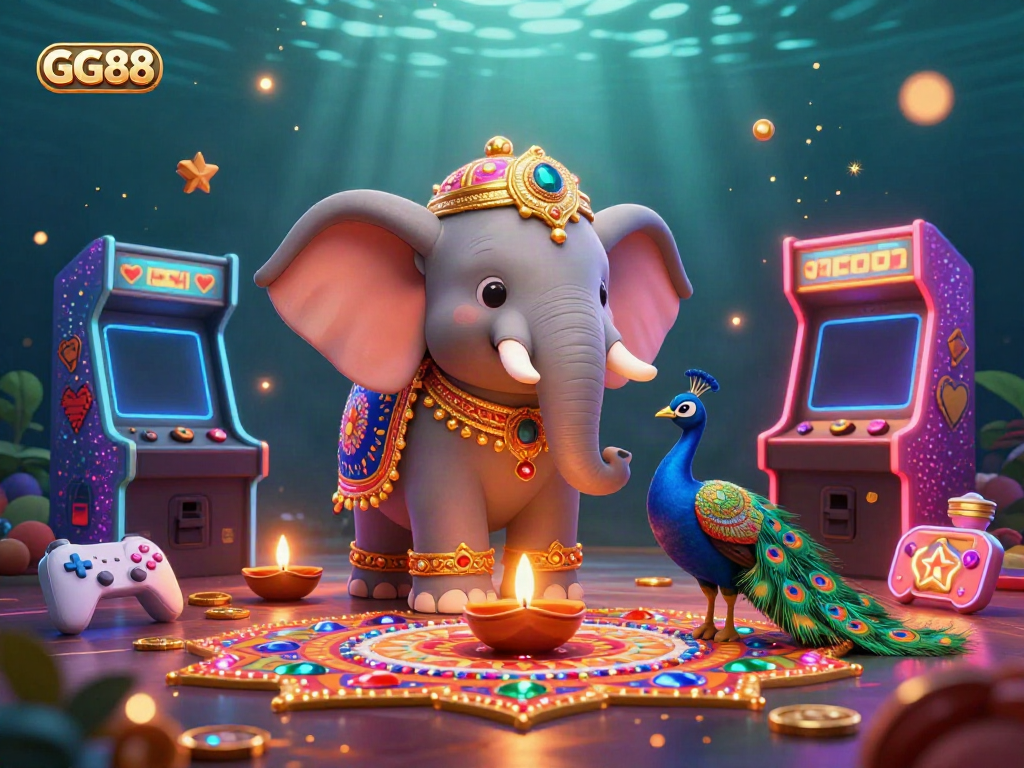 Engage with GG88 through this vibrant 3D casino scene featuring festive elephant and peacock amidst game machines and sparkling decorations.