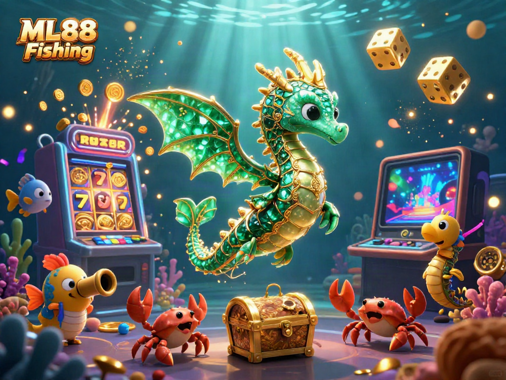 Experience ML88 Fishing with a vibrant sea dragon and underwater treasure in a dynamic gaming scene.