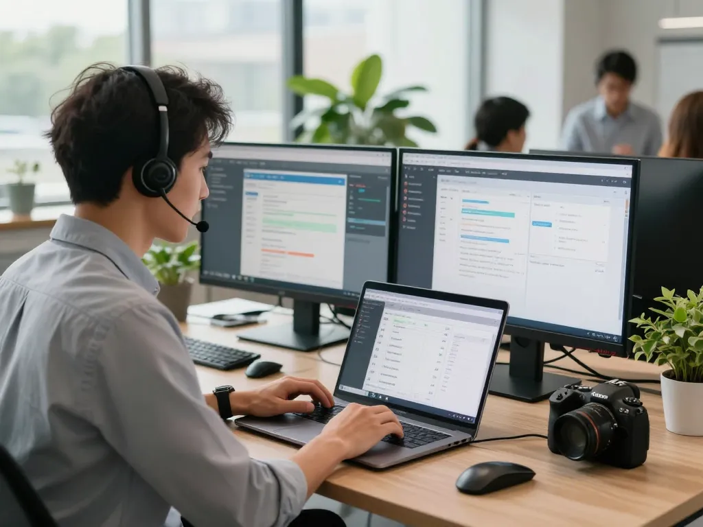 Business professional using an automated phone system in a modern office environment.
