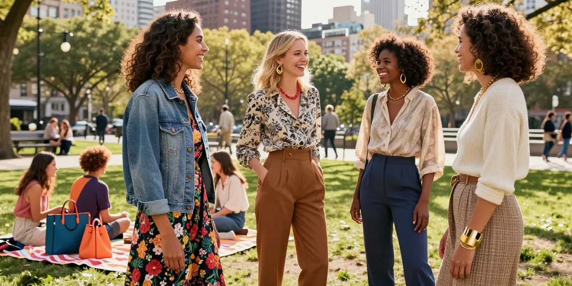 Women’s fashion scene in a vibrant urban park, showcasing stylish outfits and joyful interaction.
