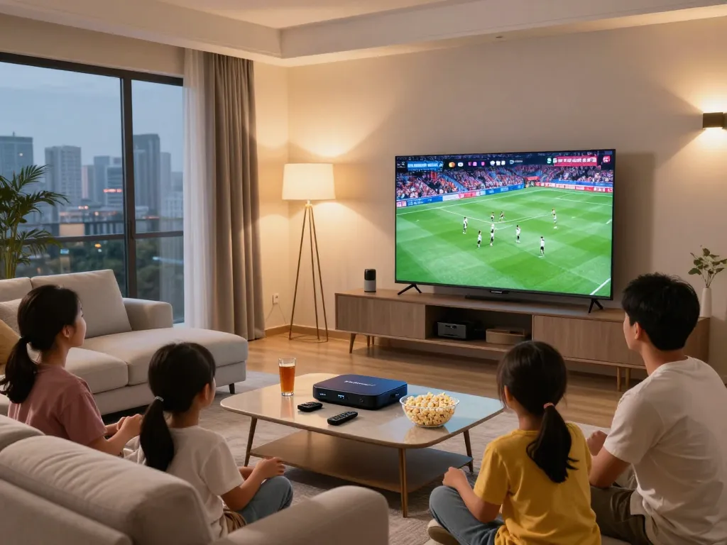 Family enjoying IPTV Smarters in a cozy living room with high-definition sports content on TV