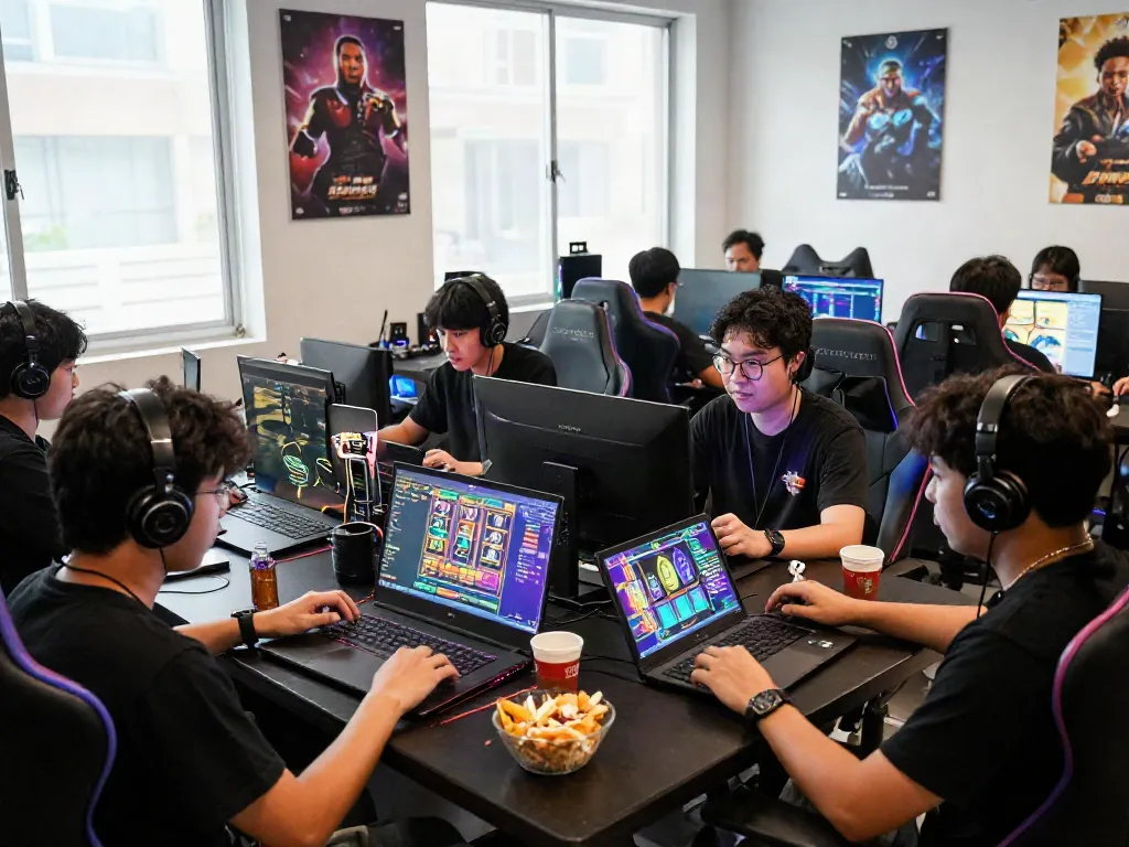 Players engaged in exciting slot gacor games, vibrant gaming setup with laptops and colorful graphics.