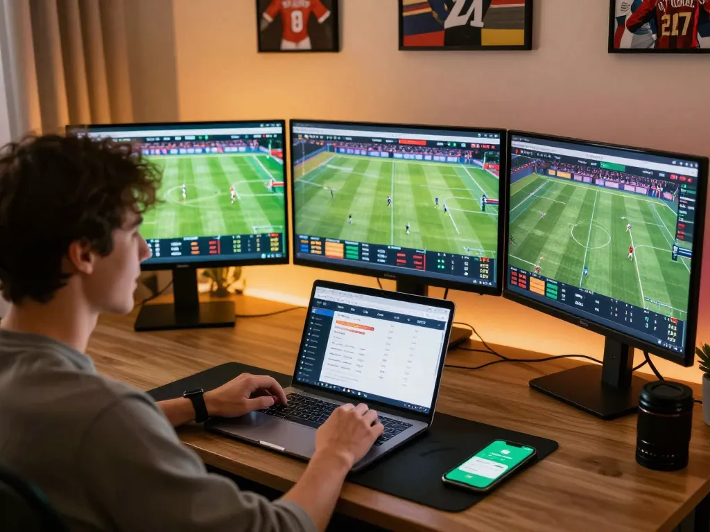 Xoilac user engaging in online sports betting, showcasing dynamic screens of live matches and betting odds.