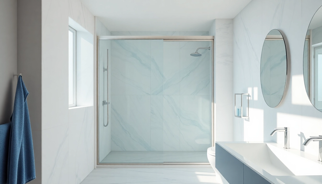 Showcase stylish shower sliding doors in a modern bathroom setting with natural lighting.