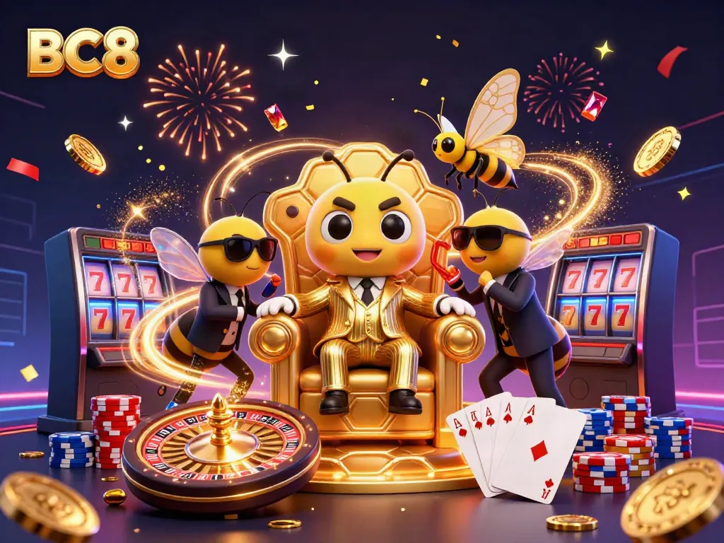 BC8 showcases a vibrant casino scene with a cartoon bumblebee mob boss and gaming elements.