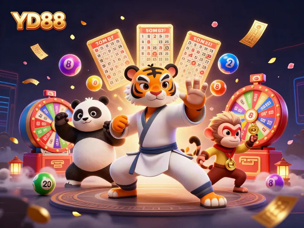 Engaging scene of YD88 featuring a kung fu tiger master, panda disciple, and monkey student amidst vibrant casino elements.