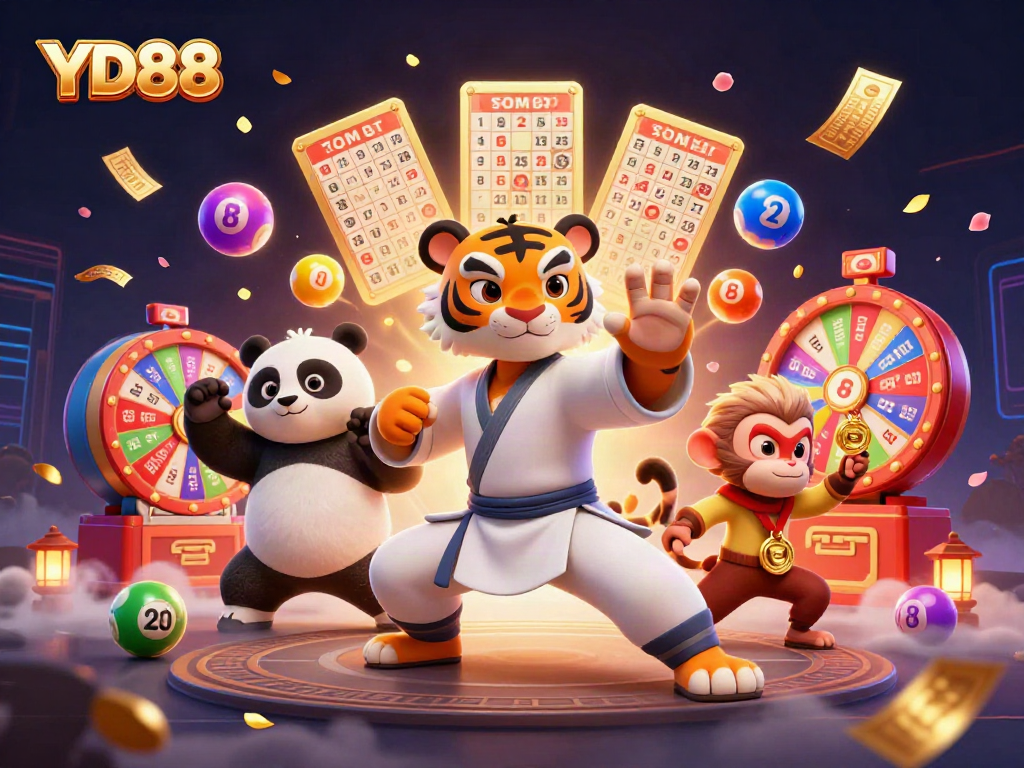 Engaging scene of YD88 featuring a kung fu tiger master, panda disciple, and monkey student amidst vibrant casino elements.