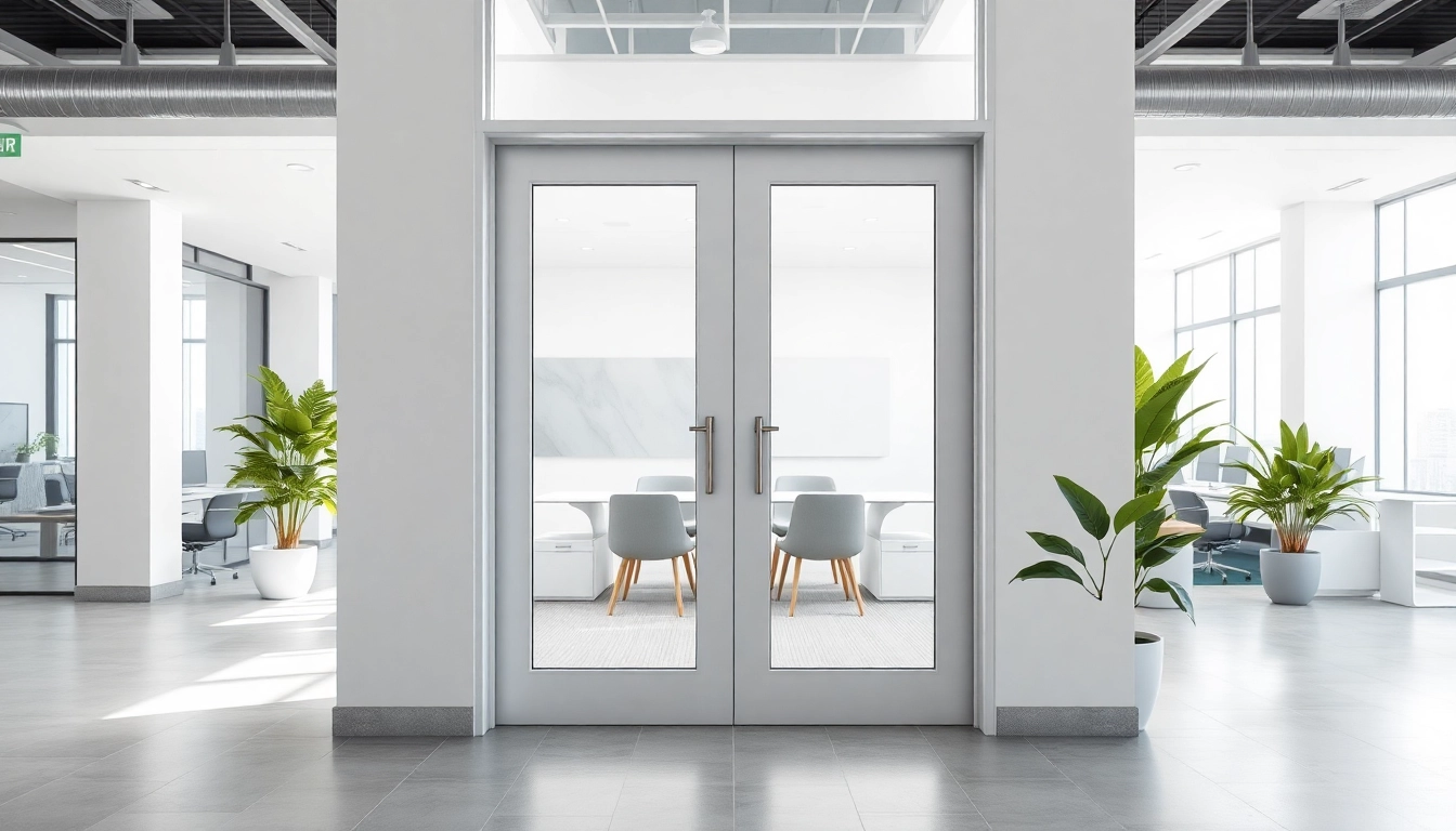 Showcasing a single leaf double swing door in a modern office space with inviting aesthetics.