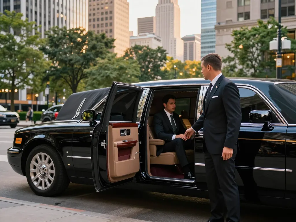 Experience premium Romeoville limo service with a professional chauffeur opening the door to a Lincoln Continental in Chicago.