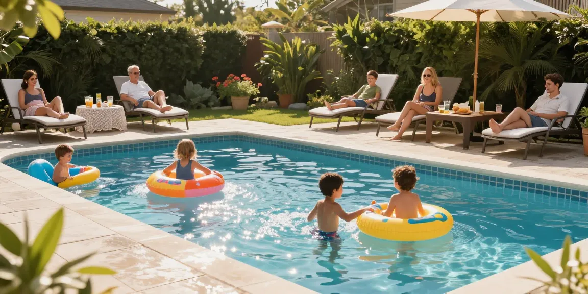 Dolphin Pool Services showcasing a vibrant family gathering around a well-maintained swimming pool, enhancing summer enjoyment.