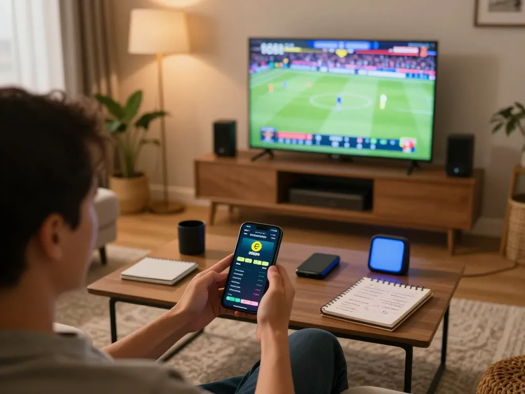 Person enjoying live sports betting on ee88go app, cozy atmosphere with smartphone and notes.
