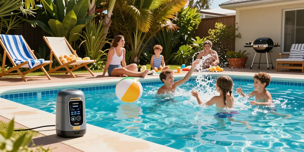 Replacement Cells in Australia showcased in vibrant family pool scene with K-Chlor chlorinator