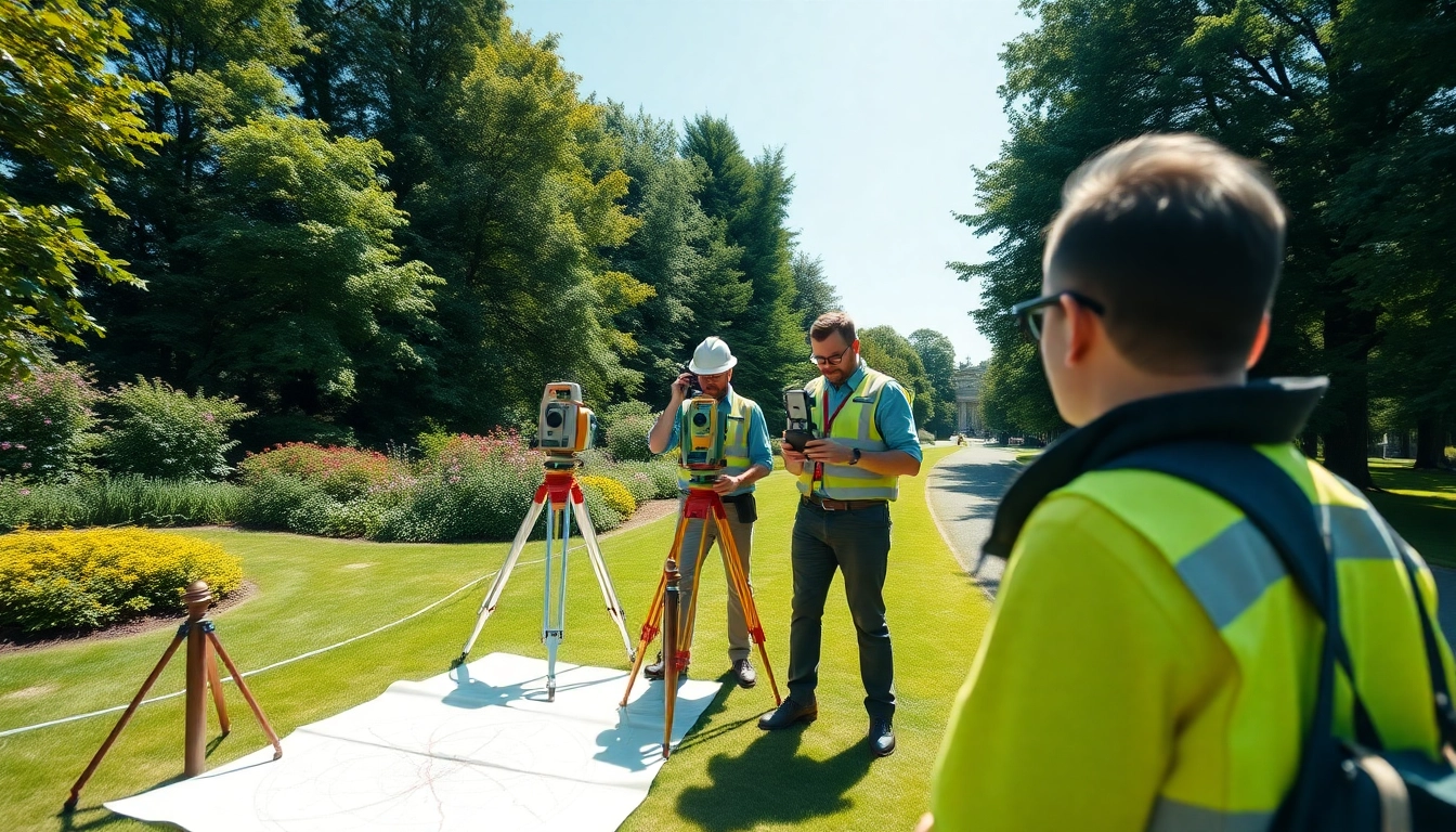 Land surveyors London Surrey conducting fieldwork with advanced equipment in a lush park setting.