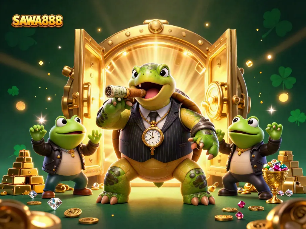 Engage with SAWA888's vibrant casino world featuring cartoon tournament characters amidst golden treasures.