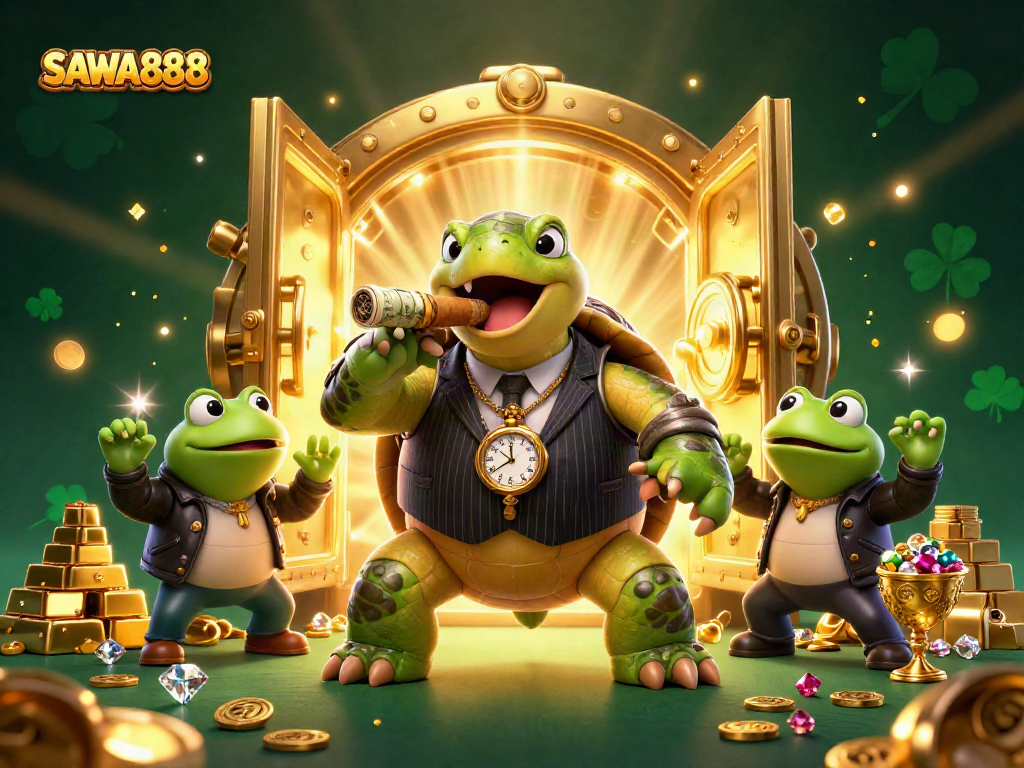 Engage with SAWA888's vibrant casino world featuring cartoon tournament characters amidst golden treasures.