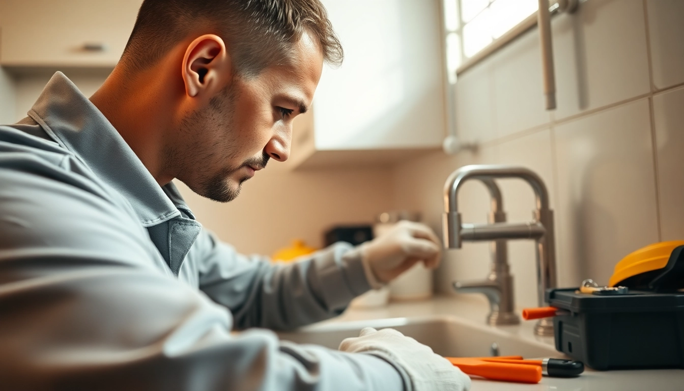 Plumber near me repairing a sink in a bright, modern kitchen with tools scattered around.