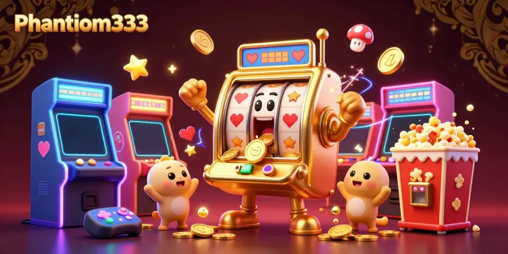 Experience Phantom333 as a golden slot machine hits the jackpot amidst dynamic arcade elements and vibrant game visuals.